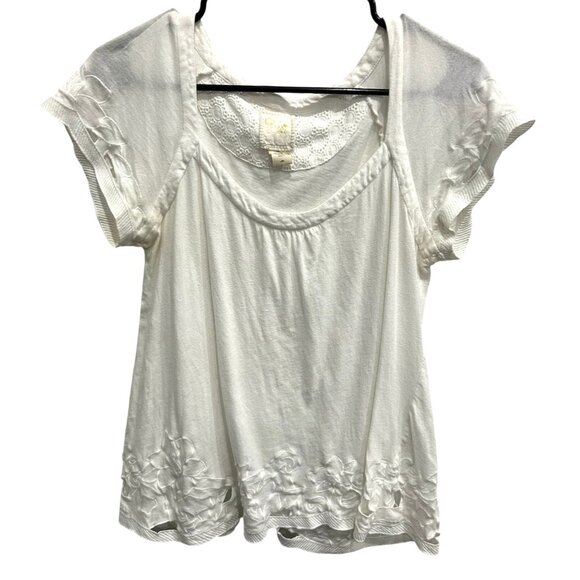 Anthropologie Ivory Floral Embroidered Short Sleeve Top Sz S - Picture 1 of 9